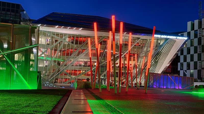 Bord-Gais-Energy-Theatre-Dublin-Lit-up-at-night-in-red-green-and-blue-Credit-Miguek-Mendez_Flickr